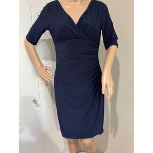 Women's Lauren Ralph Lauren empire waist ruching stretch Navy Midi Dress Size 4